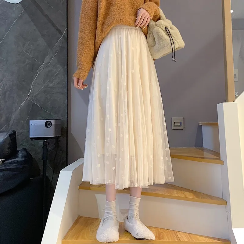 

Ladies Elegant A-line Long Skirts New Arrival 2022 Spring Korean Style All-match Mesh High Waist Women Casual Skirt B901