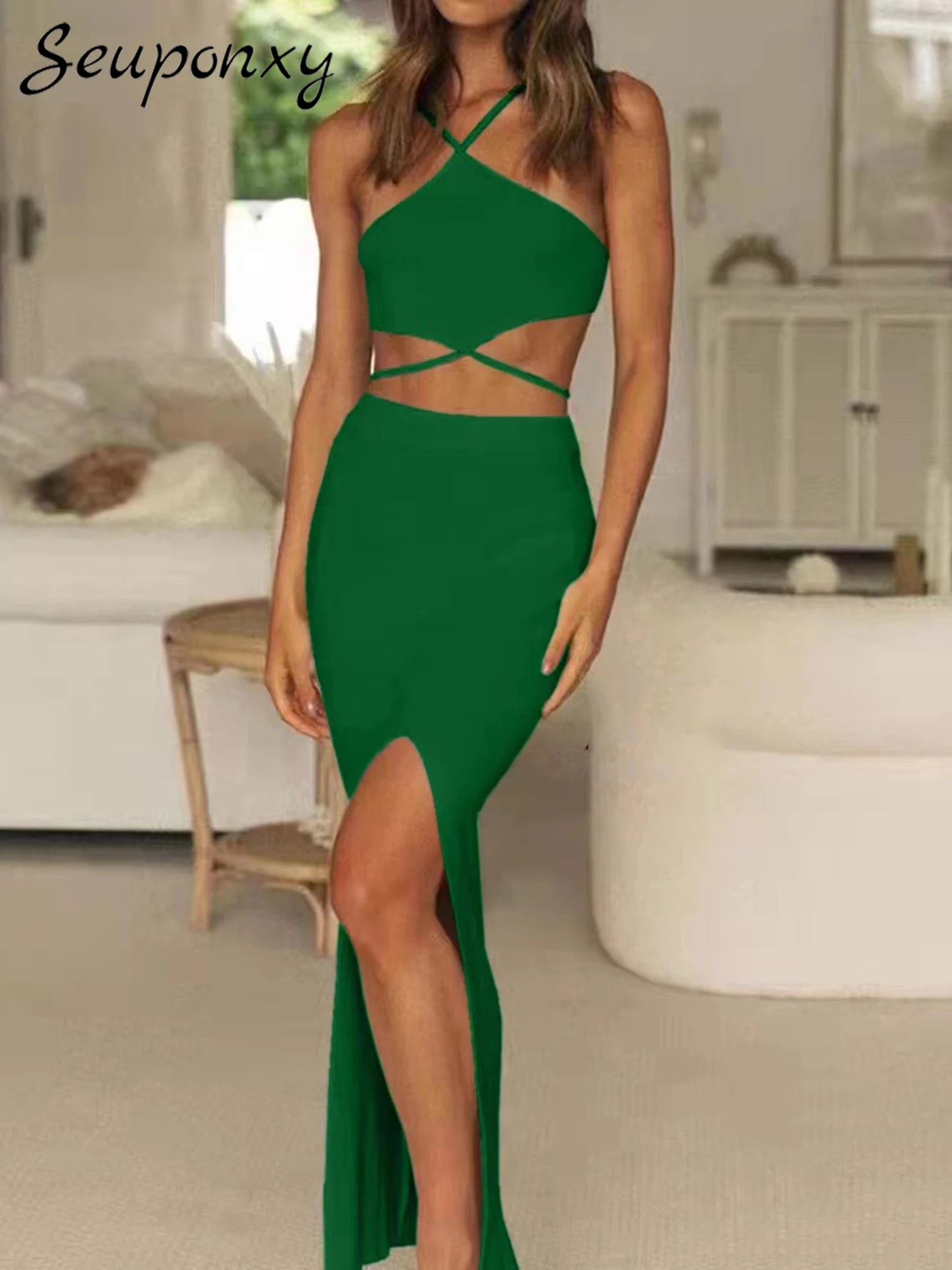 

High Quality Sexy Backless Lace-Up Short Top + High Waist Split Skirt Set 2022 Summer New Fashion Women's Casual 2 Two-piece Set