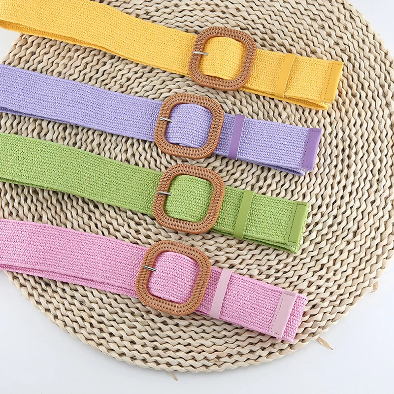 

Bohemian PP Straw Wide Belt Round Square Buckle Braided Belt Linen Weave Waist Strap Dress Shirt Decoration Waistband Handmade