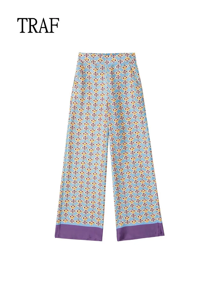 

TRAF Geometric Print Women Pants Korean Fashion Y2k Clothes High Waist Trousers Female Clothing Vintage Wide Pant Loose Suits