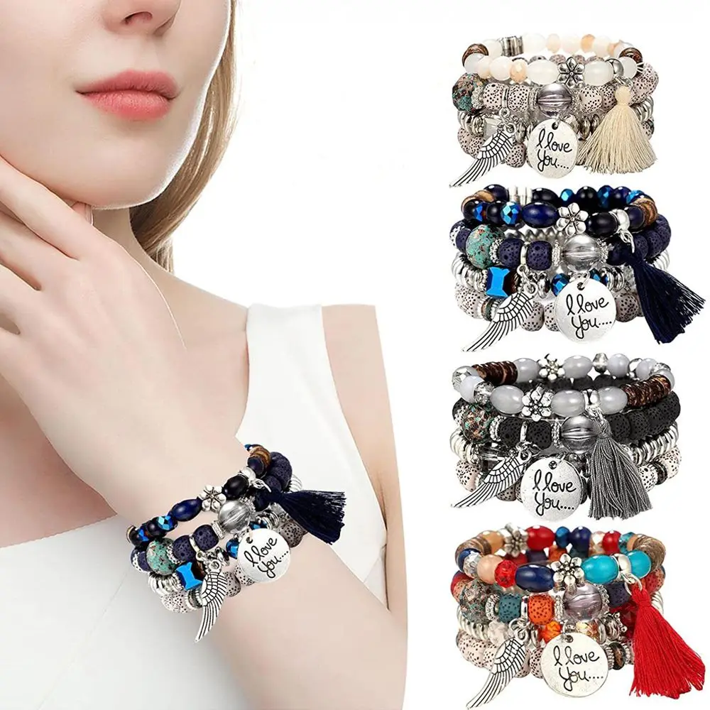 

Tassel Bangle Set Beaded Bracelet Set Multilayer Stackable Bracelets Summer Beach Jewelry Turquoise Bead Bangle Set