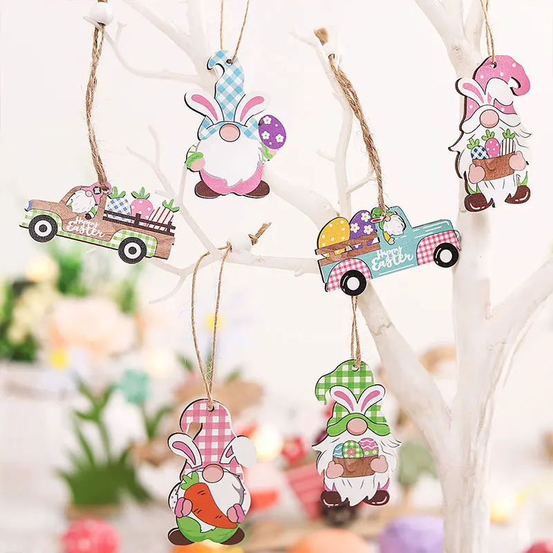12PCS/BOX  Easter Wooden Pendants Rabbit Faceless Gnome Wood Crafts Easter Ornaments For Home Happy Easter Party Hanging Decor