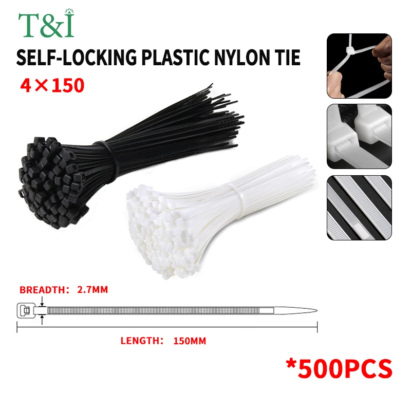 

500PCS 4×150mm Nylon plastic cable tie buckle strong cable belt rope wire binding belt fixer self-locking cable tie