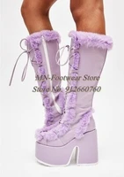 2022 new women boots furry knee high boots lace up platform chunky heel faux fur long boots pink white black blue purple 34 43