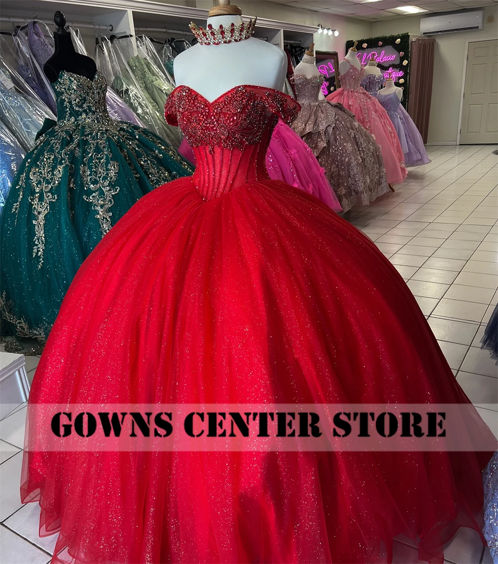 Мексиканское платье Quinceanera с красными бусинами и кристаллами бальное открытыми