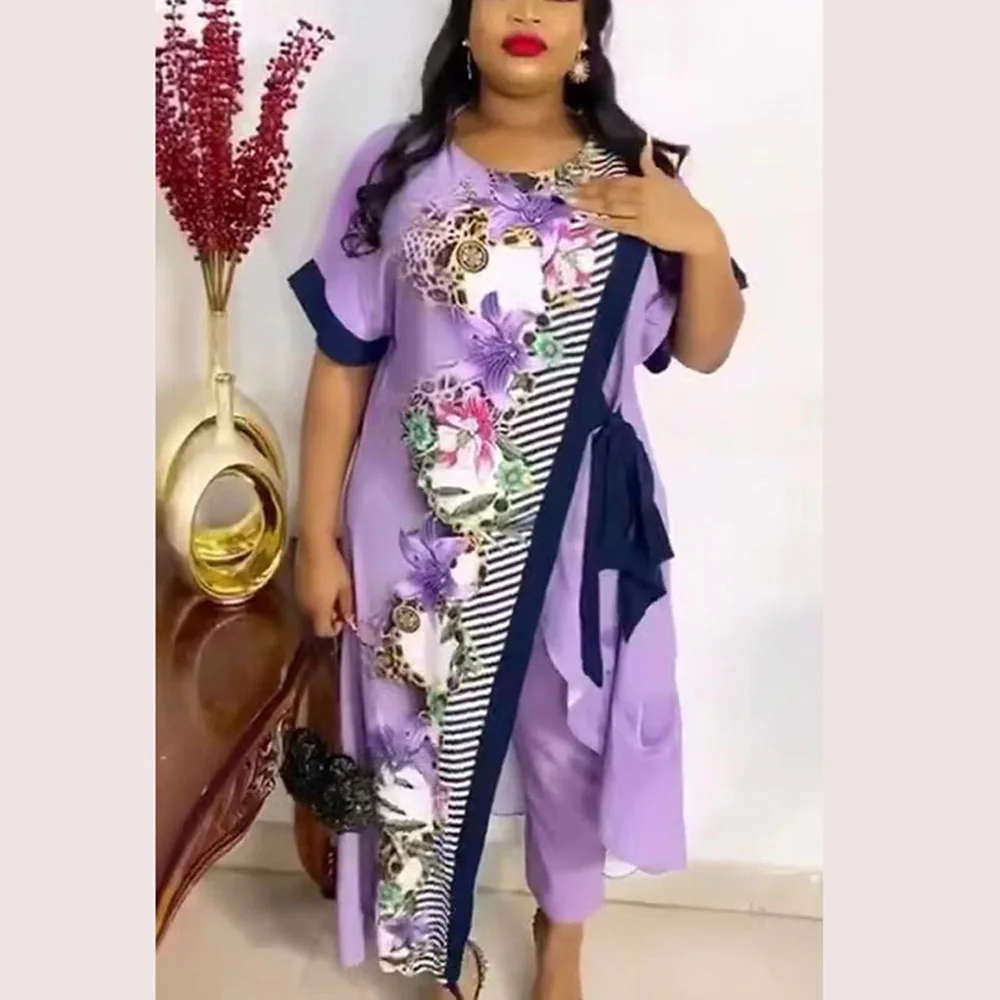 

African Ladies Elegant 2 Pieces Pants Sets Purple Printed Blouse & Long Trousers Fashion Business Work Office Matching Sets New