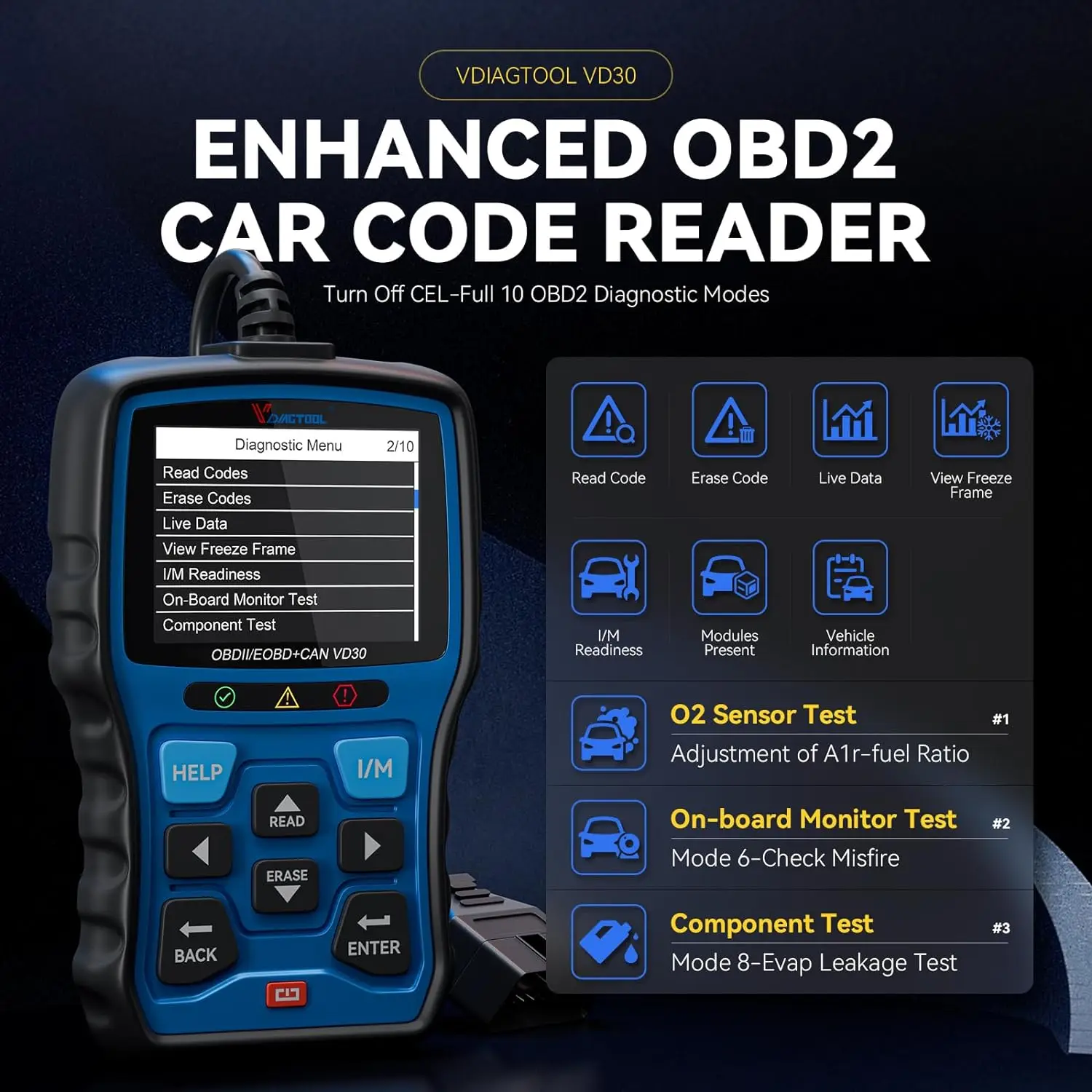 VDIAGTOOL VD30 OBD2 Сканер Автомобильный считыватель кодов Инструмент диагностики