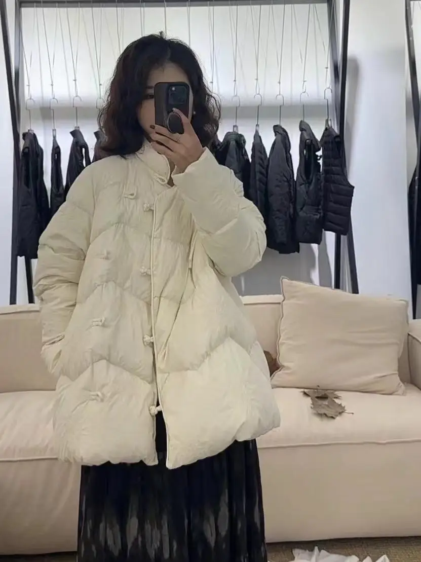 2024 Winter New Han Element Down jacket Women Small Embroidered Buckle Stand Collar Warm Light Soft Temperament Outerwear