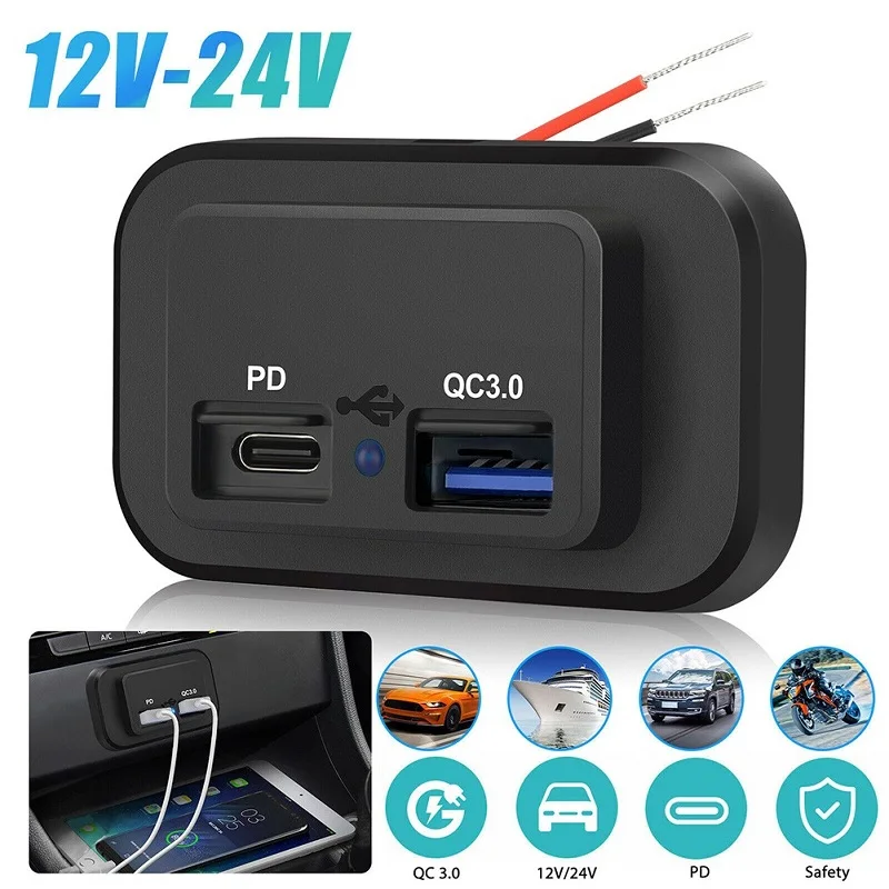 

36W QC3.0+PD Dual USB Port Charger Car RV Fast Charger Socket Adapter Power Outlet Waterproof For Most 12V/24V Vehicles