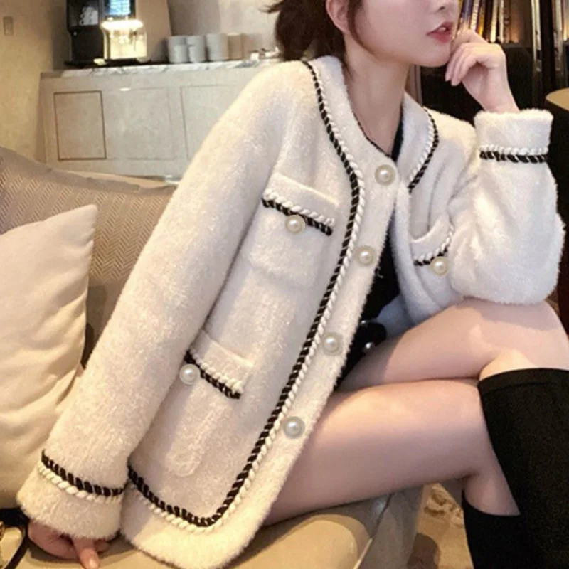 

Elegant Single Breasted Furry Cardigans Office Lady O-Neck Diamond Loose Fashion Knitted Coats Urban Women Chic Warm Outovers