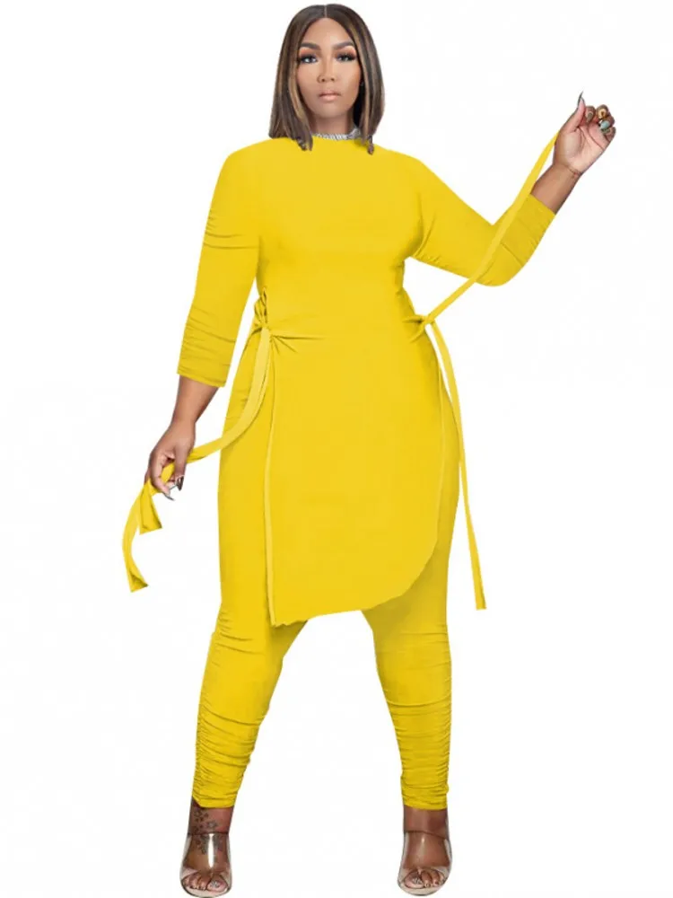 

Two Piece Set Women Side Lace Up Long Top And Pencil Pant Suits Sets Spring Autumn New Solid Fashion Casual Matching Set Outfits