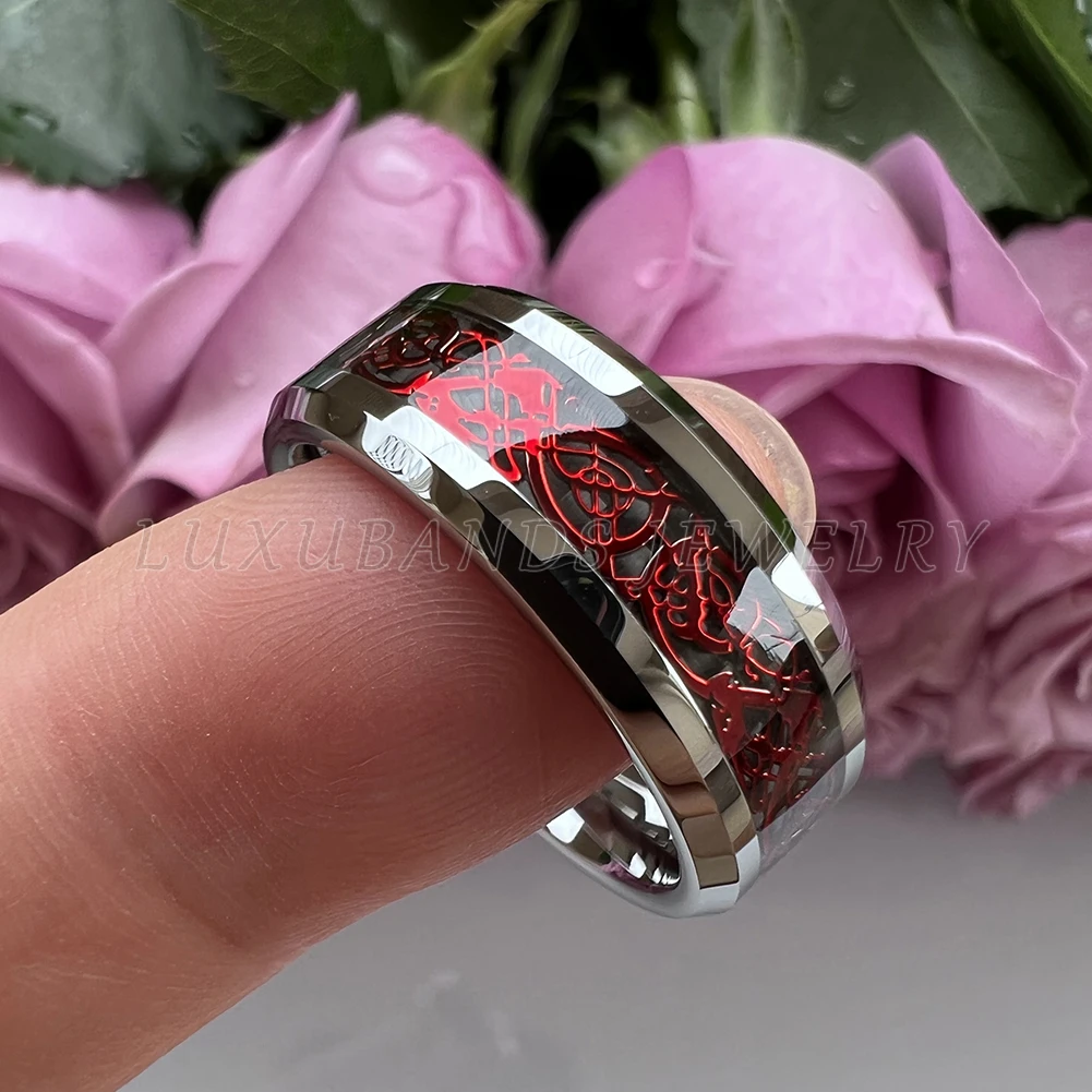 

8mm 6mm Tungsten Carbide Ring For Men Wemen Red Dragon Beveled Edges Black Carbon-Fiber Inlay Polished Finish Comfort Fit