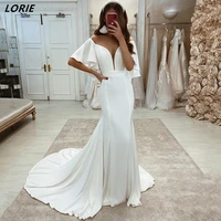 lorie elegant chiffon off shoulder wedding dresses short flare sleeves bodycon beach bridal gowns low cut v neck bride dress