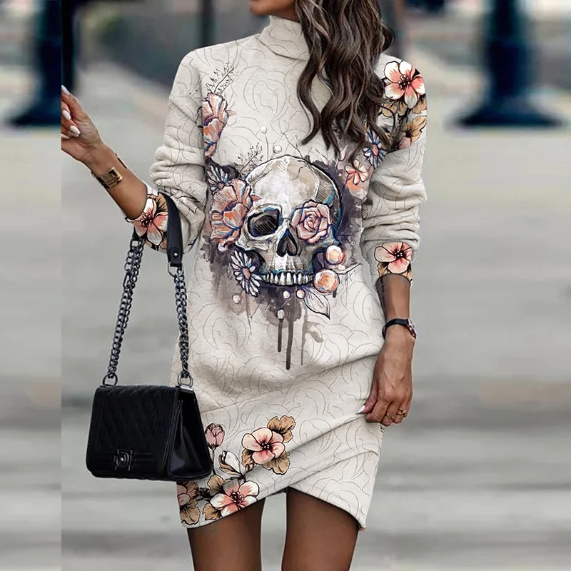 

2022 Women Printed Irregular Patchwork Party Dress Autumn Half High Collar Long Sleeve Ladies Mini Dress Streetwear Dropshipping