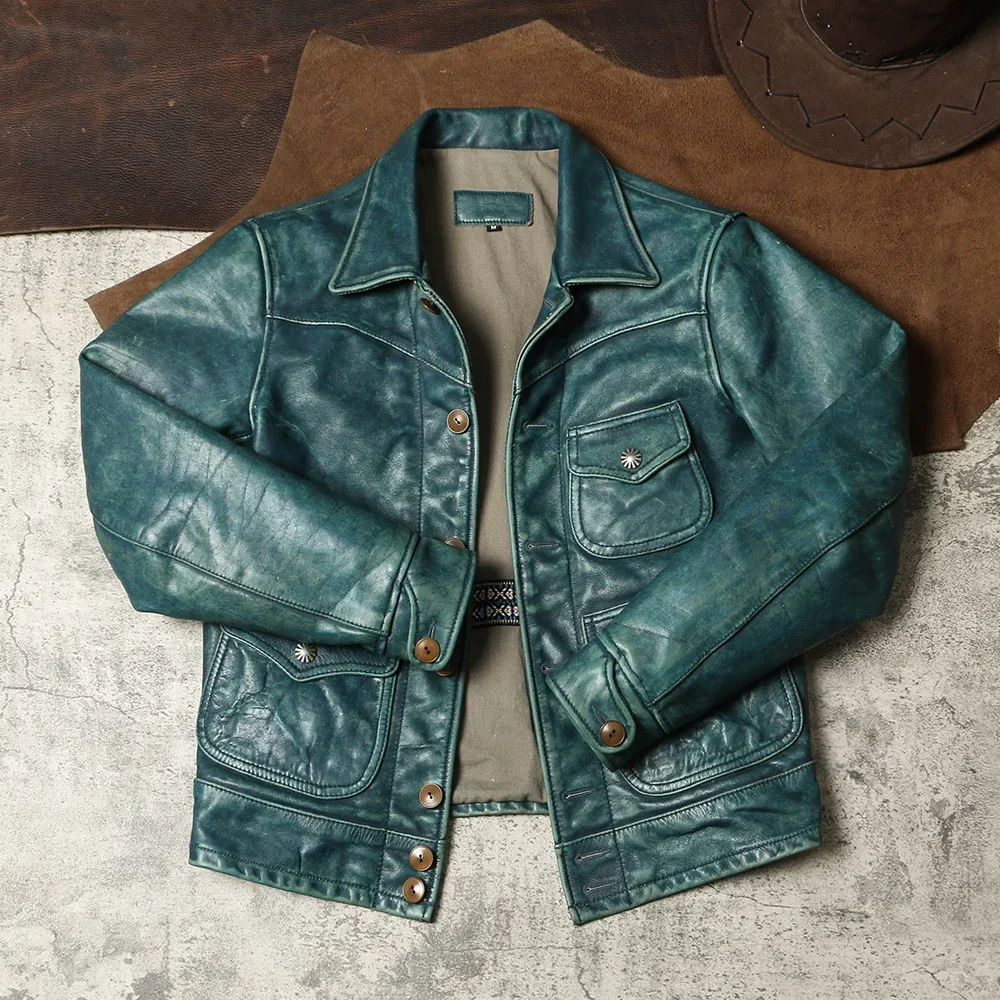Blunt Razor Sky Blue Retro Distressed Leather Jacket RRL Style Men's Genuine Top Layer Cowhide Amikaki