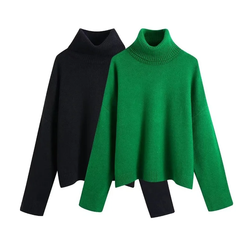 

TSTCTB sweater Women Fashion With Ribbed Trim Loose Knit Sweater Vintage High Neck Long Sleeve Female Pullovers Chic Tops