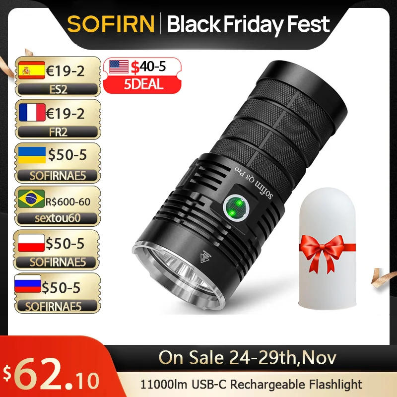 Sofirn Q8 Pro Powerful 11000 Lumen Built-in USB-C Rechargeale Port with 4* Cree XHP50.2 LEDs Anduril Flashlight