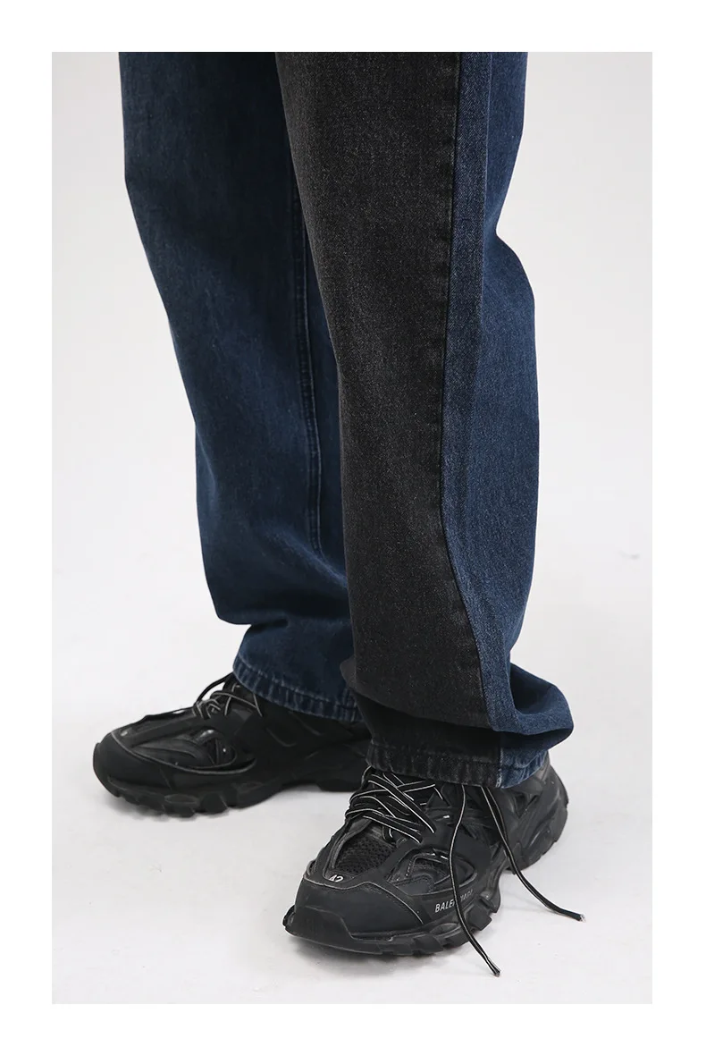 Four Seasons New Korean Version Loose Trend Splicing Contrast Color Straight Loose Jeans Men's Streetwear Boyfriend Jeans JEANS