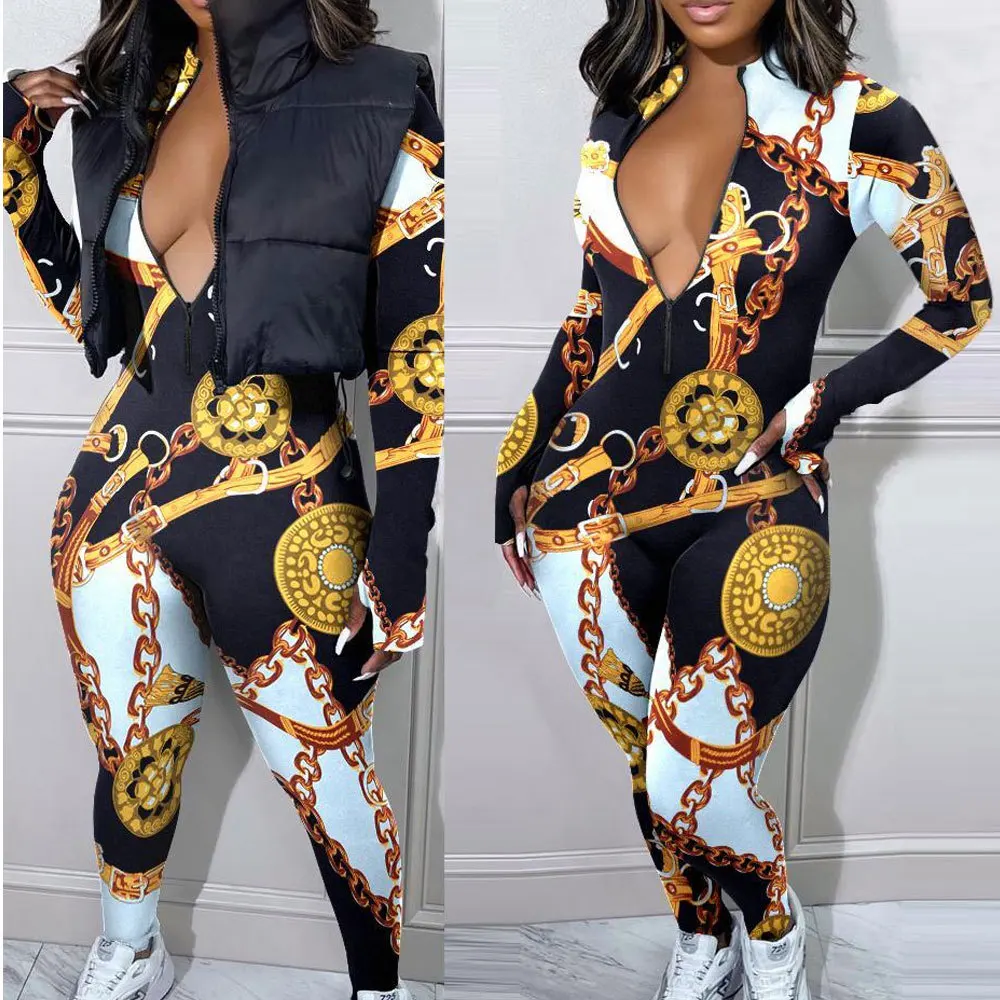 

Autumn Winter Fashion Printed Jumpsuit Women's Sexy Zipper High Collar High Waist Tight Pants Casual Slim Fit Jumpsuit Women