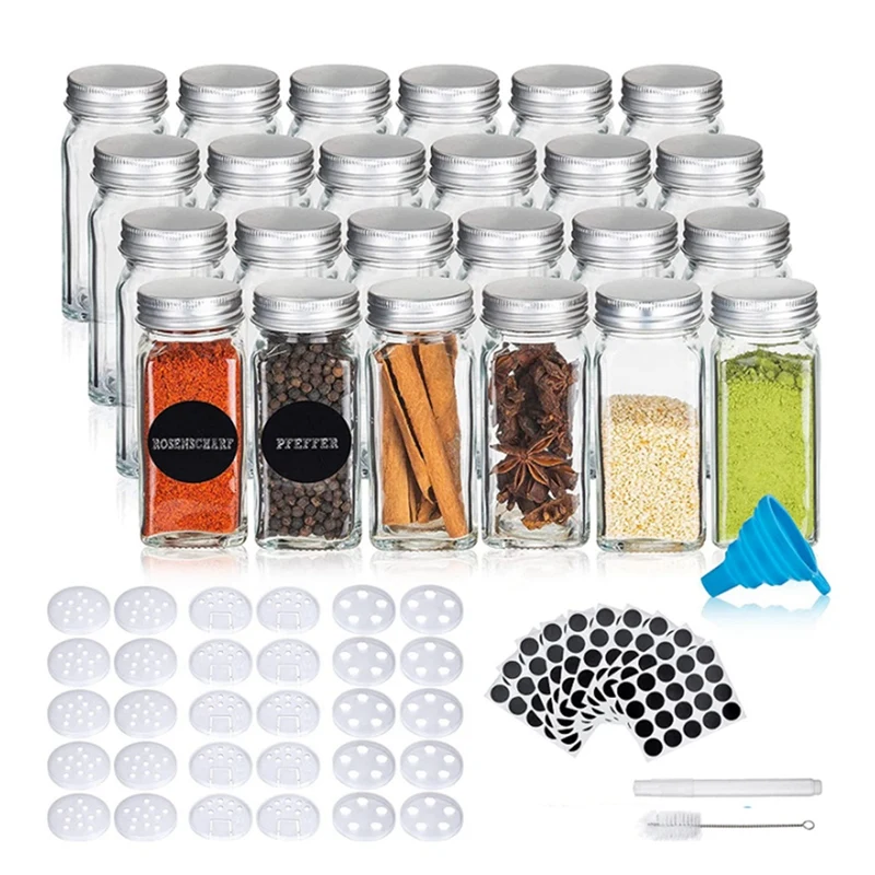 Spice Jars Spice Glass Container Square Spice Container Spice Jars With Funnel, Brush, Labels 120 Ml/4 Oz, Set Of 24 Pcs