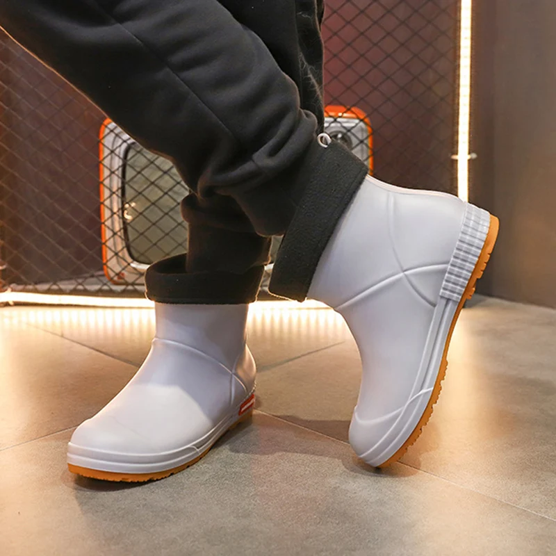 Unisex Beige White Non-Slip Rainboots Fashion PVC Waterproof Comfortable Plush Rain Boots Winter Warm Casual Flat Work Boots