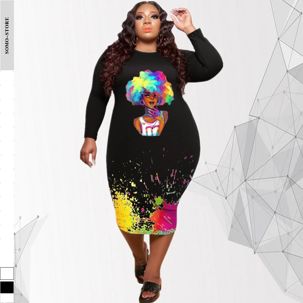 

Women's Fashion Plus Size Dress Sexy Round Collar Cartoon Pattern Splash Ink Stretch Loose Midi Dresses Wholesale Dropshipping