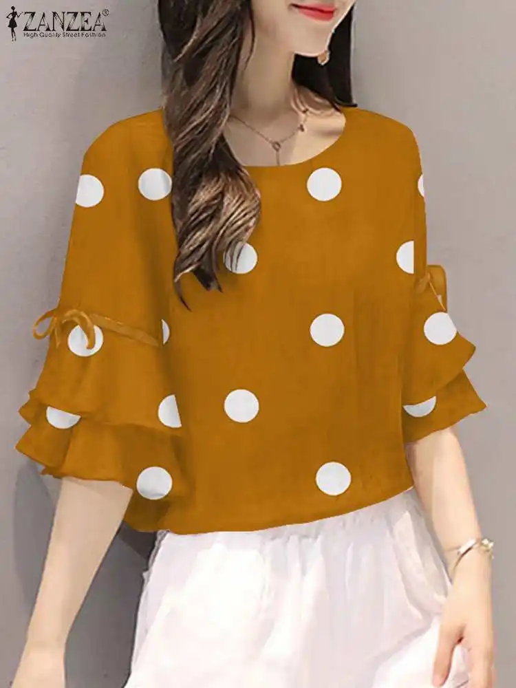 

Spring Summer 2023 Women Blouses Polka Dots Printed Fashion ZANZEA Tops Flounce Half Sleeve Female Blusas Casual Lace-Up Tunic