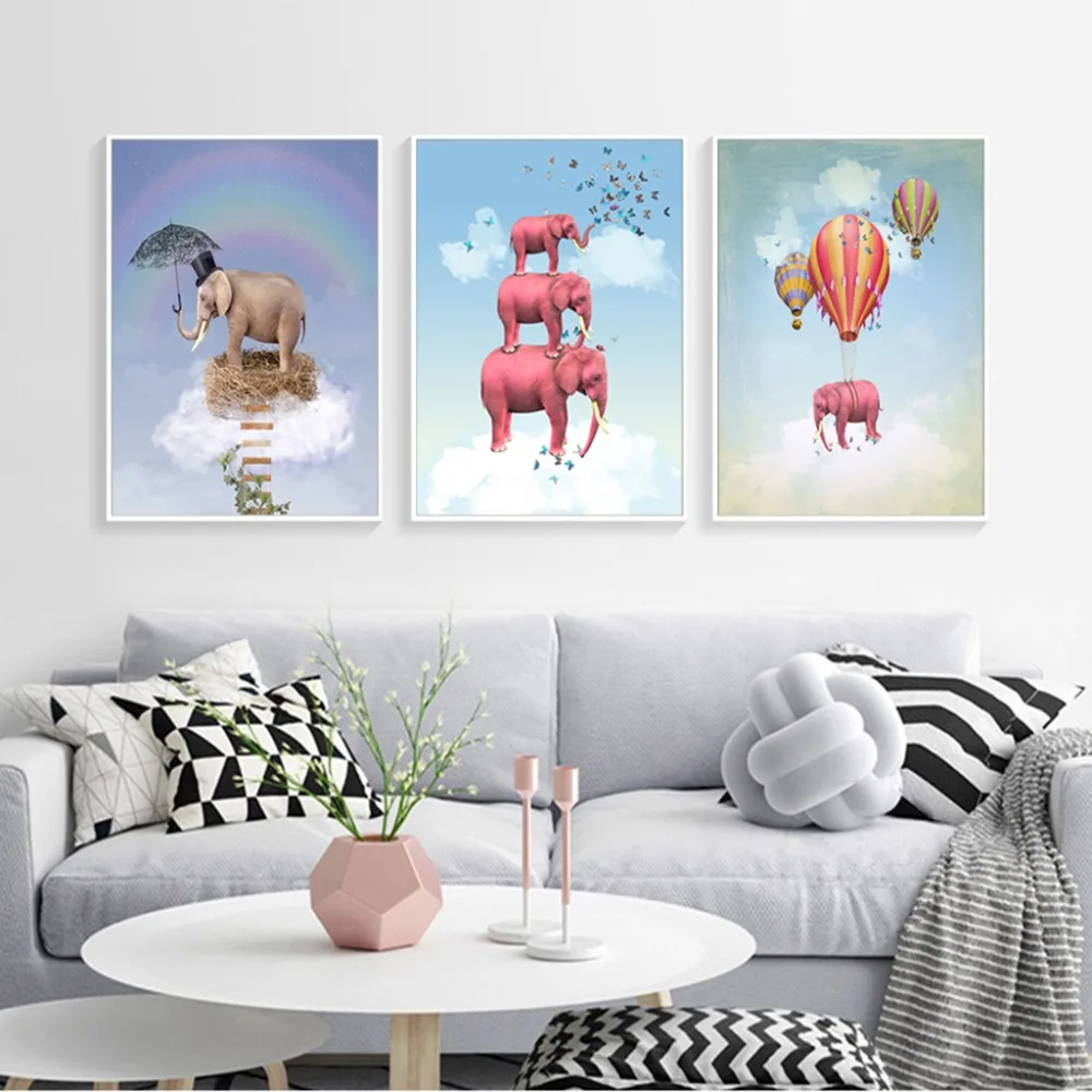 

Kids Room Flying Elephant Canvas Painting Posters and Prints Hot Air Balloon Nordic Nursery Wall Pictures Children Room Decor