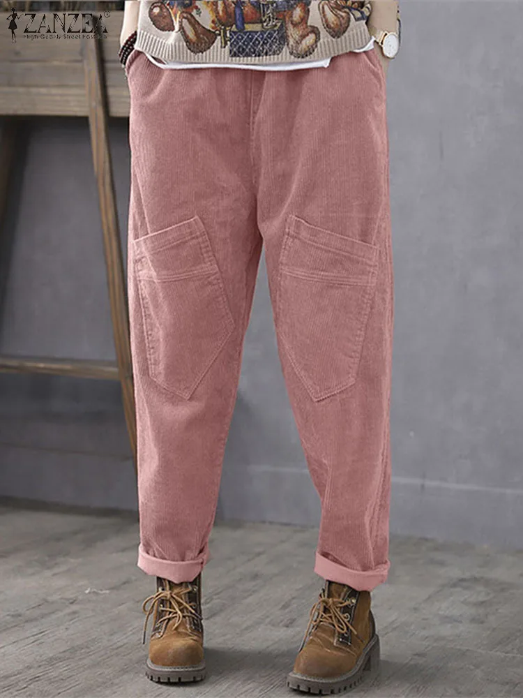 

Брюки-султанки ZANZEA женские вельветовые, винтажные однотонные Свободные повседневные штаны с поясом на резинке, однотонные брюки с мятой, на...