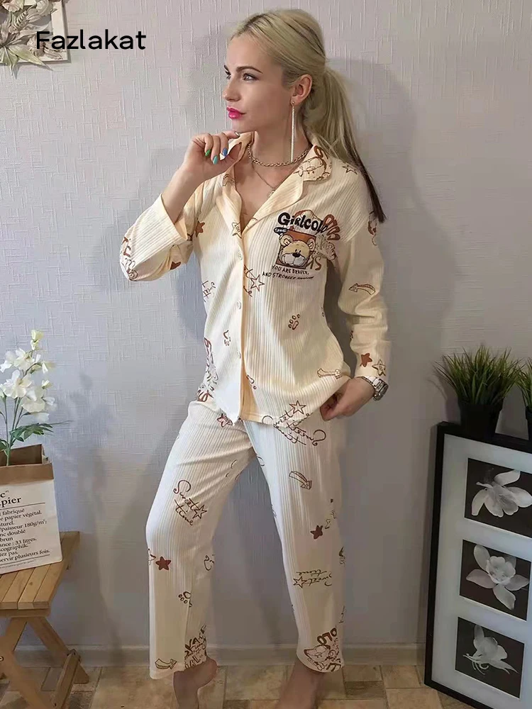 Autumn Pajamas Set Women Sleepwear Cotton Women Pajamas Long  Sleeve Tops With Long Trousers Ladies Pj Set Home Suit 3XL