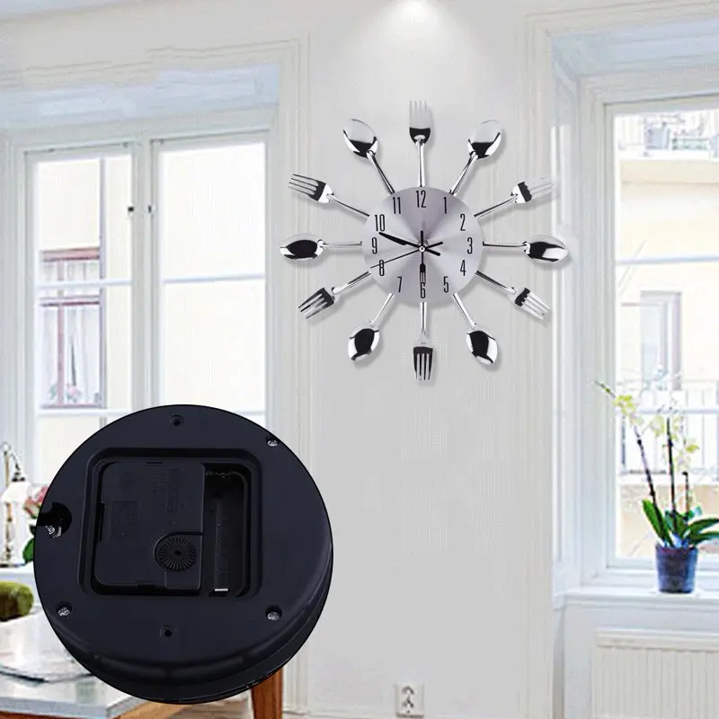 

Spoon Fork Wall Clock, Spoon Fork Clock,Large 3D Mirror Surface Silver Modern Design Cutlery Kitchen Utensil Spoon Fork Wall Clo