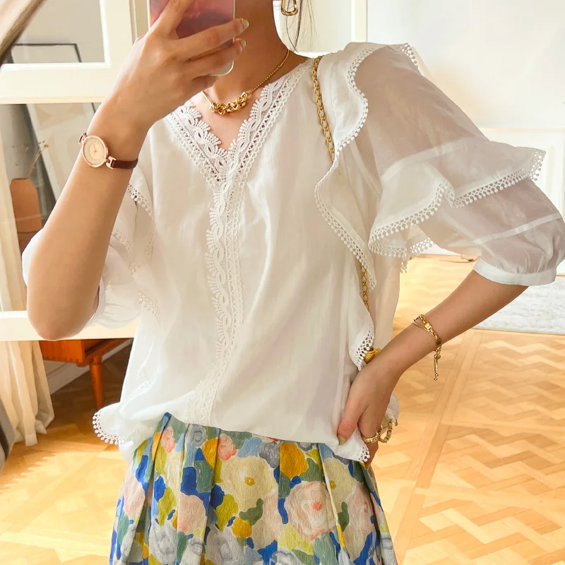 

Lyocell Ruffled White Shirts Summer Women Blouses V-neck Clothing Pullover French Style Thin Tops Loose Short Lantern Sleeves
