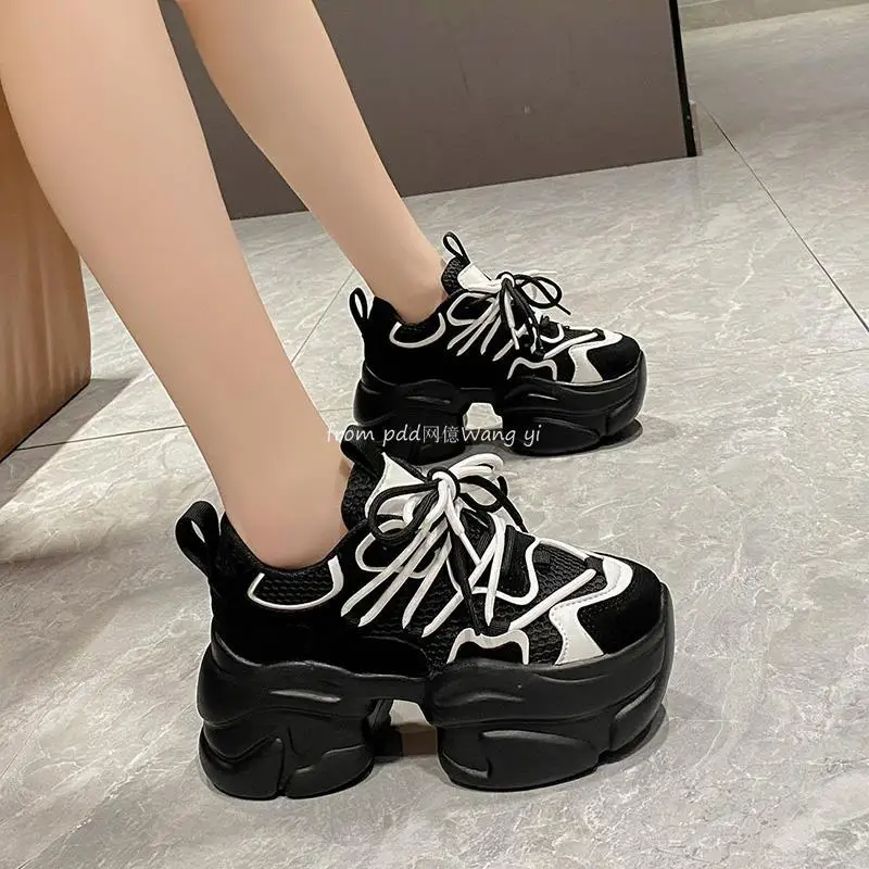 Authentic Leather Clunky Sneakers Female 2023 Spring Color Block Platform Height Increasing Casual Sneakers Shoes Women