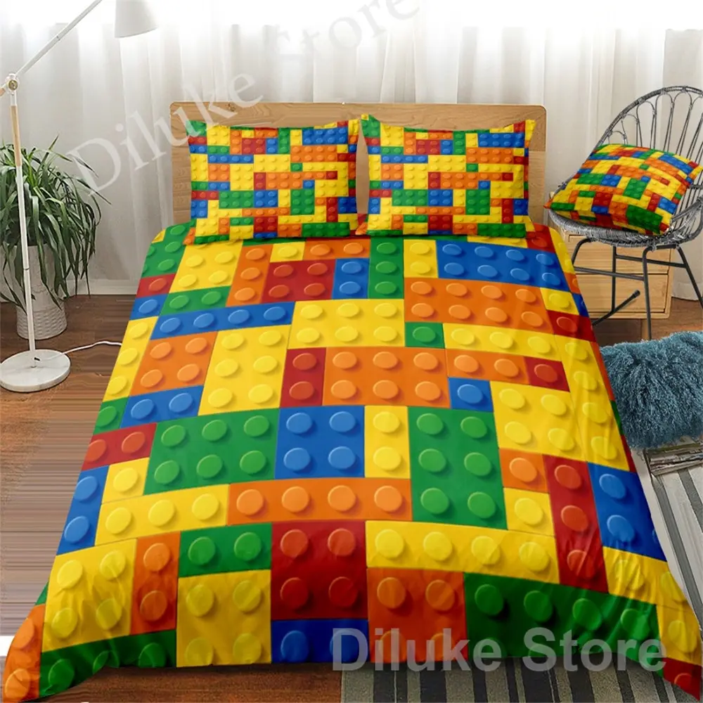 

Toy Print Bedding Set Dot Building Blocks Comforter Cover Kids Boy Bed Cover Colorful Bricks Game Bedlinen Duvet Cover Set