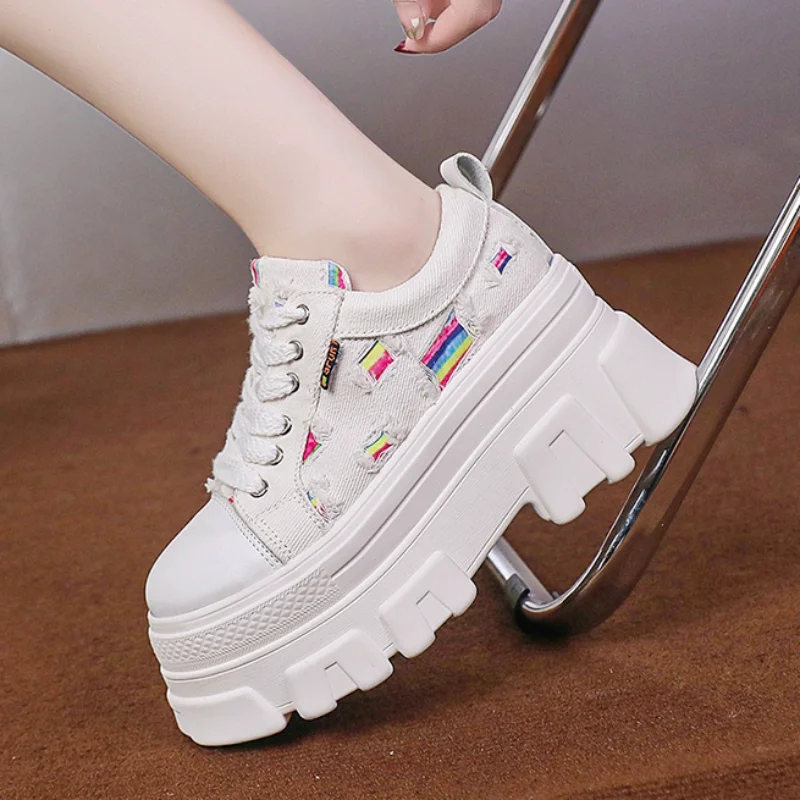 

Autumn Lace Up Chunky Shoes Women Breathable Comfort Skateboard Shoes Women 9CM Platform Wedge Sneakers Canvas Shoes B3-60