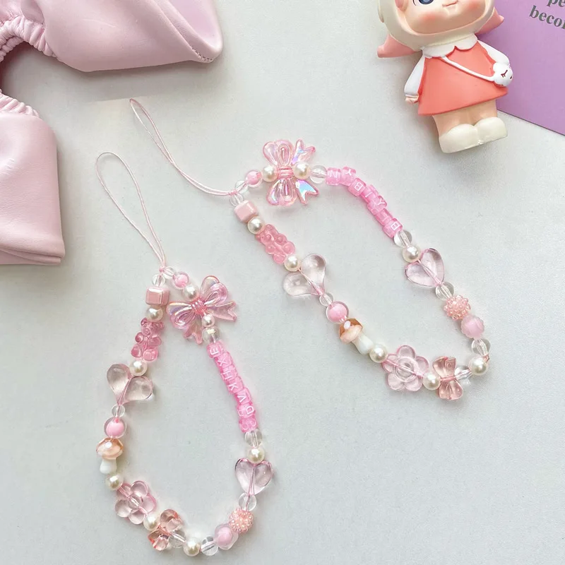 Fashion Popular Resin Pink Bow Beaded Practical Lanyard Delicate Bracelet Anti-Lost Mobile Phone Chain Ladies Jewelry Accessory