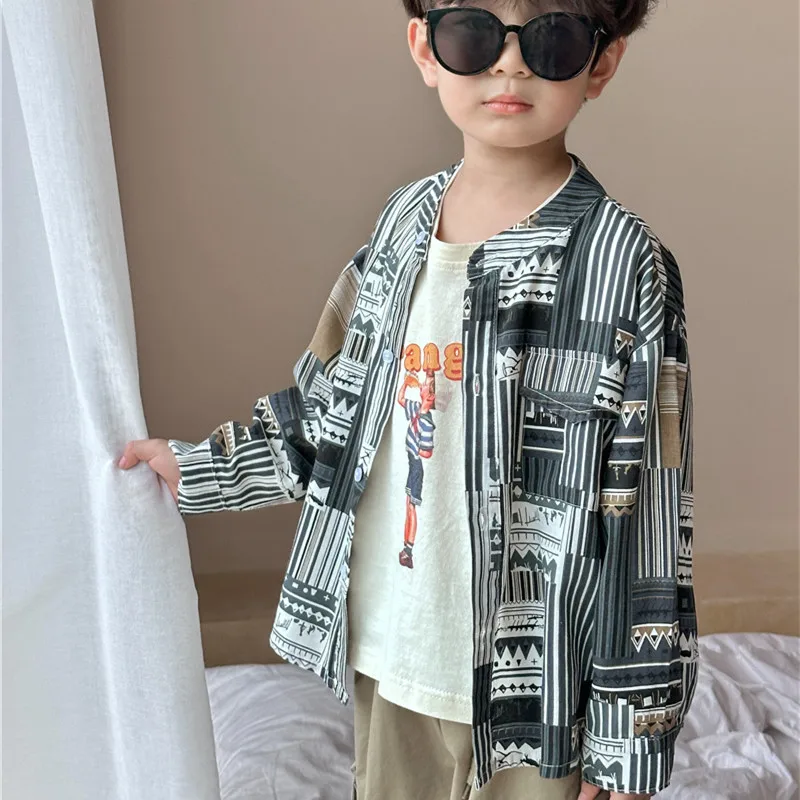 

2023 Autumn Boys fashion graffiti stand collar Shirts children casual long sleeve Tops