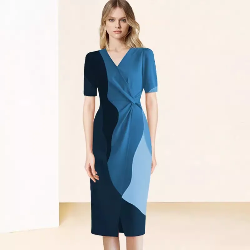 

Женское офисное облегающее платье-карандаш, Элегантное Длинное платье средней длины с V-образным вырезом в стиле пэчворк для работы, лето