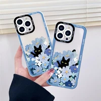 cute cartoon black cat clear phone case for iphone x xr xs blue flowers for iphone 11 12 13 pro max 7 8 plus se 2020 back covers