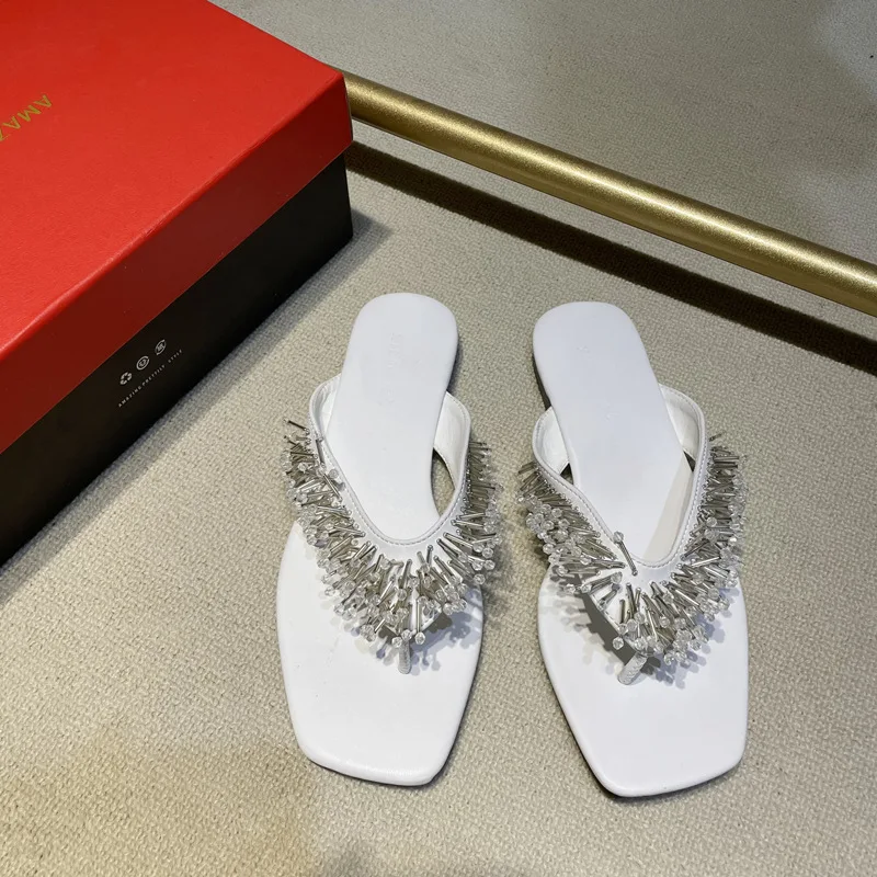 Women Flip Flops Summer Outside Designer Tassel String Bead Slippers Women Flats Square Toe Beach Fashion Sandals