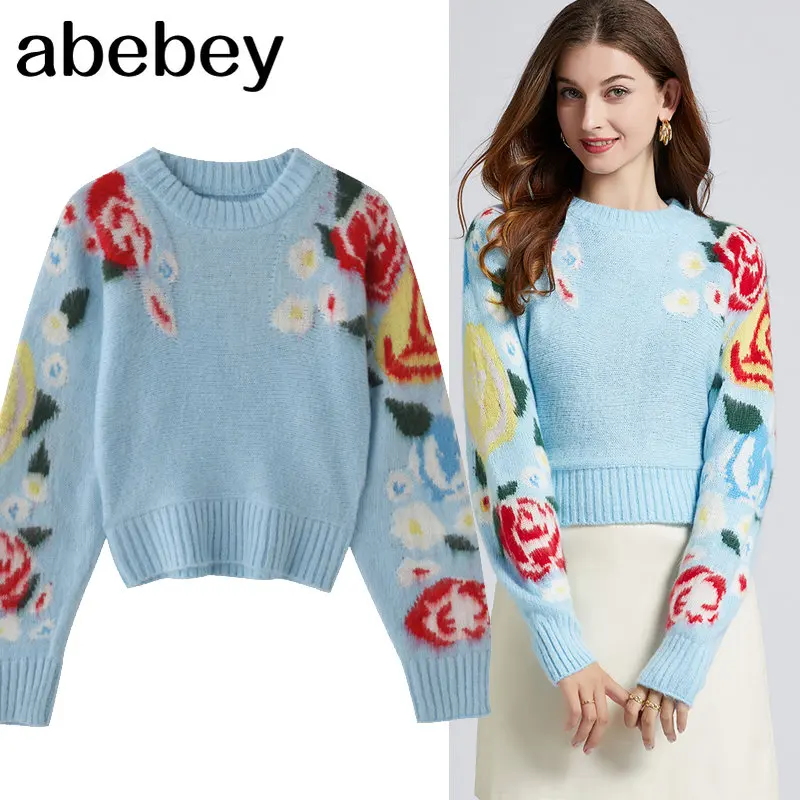 

Women Casual Fashion Rose Flower Long Sleeve Winter Autumn Chic Short Style Sweaters Knitting Pullovers Casual Tops