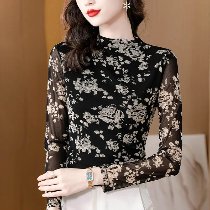 

Женская офисная блузка с длинным рукавом, сетчатая облегающая блузка с цветочным принтом, весна-осень 2023, Z232
