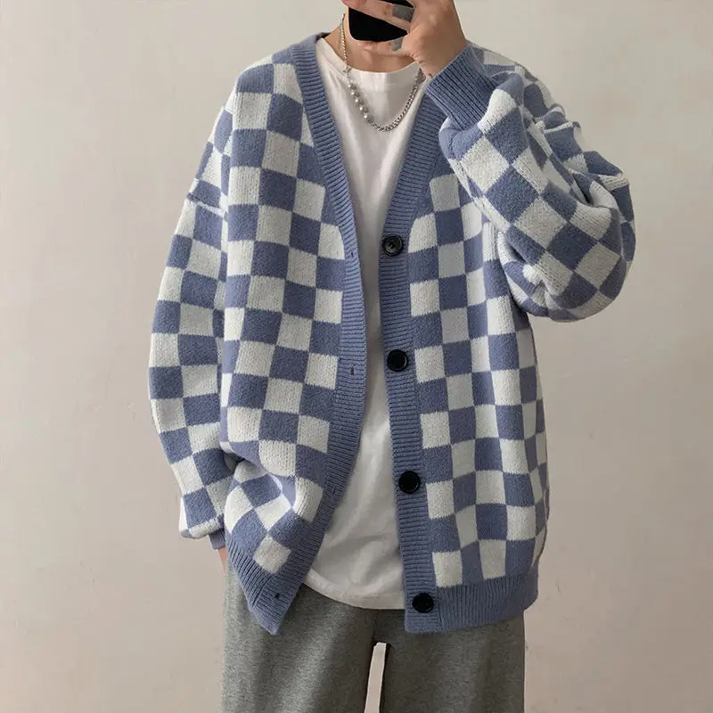 

Men's Autumn Checkerboard Plaid Knitted Sweater Y2k Long Sleeve V-neck Cardigan Sweaters Loose All-match High-end Knitwear Coat