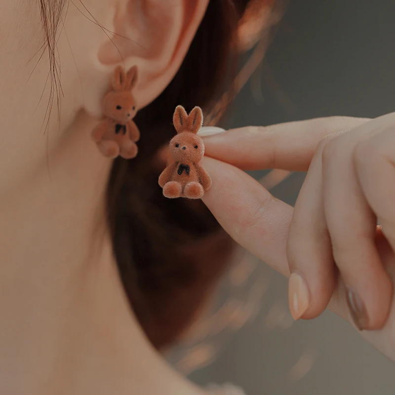 

Rabbit Earrings for Women Girls 2023 Fashion Korea Silver Needle Autumn and Winter Earrings Cute Flocking Bear Ear Studs Jewelry