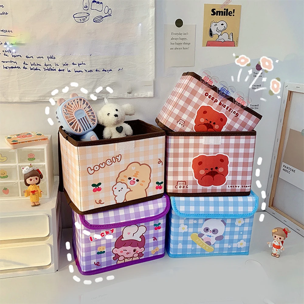 

Kawaii Storage Bin Folding Basket without/with Lid Cartoon Patterns Desktop Organizer Box for Sundries Snacks