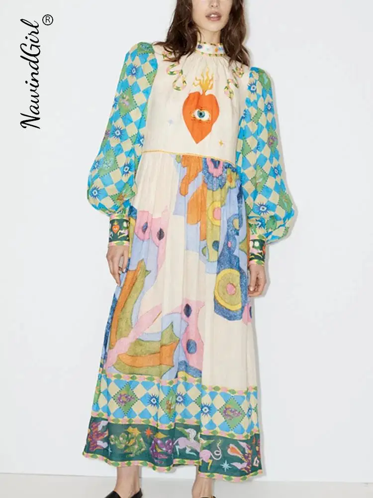 

Elegant Fold Printed Puff Sleeve Women's Dress Loose O-neck Holiday Midi Female Long Dresses 2023 Summer Beach Ladies Vestidos