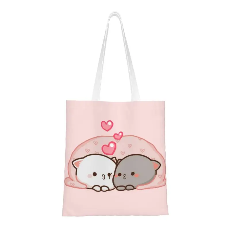 

Cute Mochi Cat Peach And Goma Love Kiss Groceries Shopping Tote Bag Kawaii Canvas Shopper Shoulder Bag Big Capacity Handbags