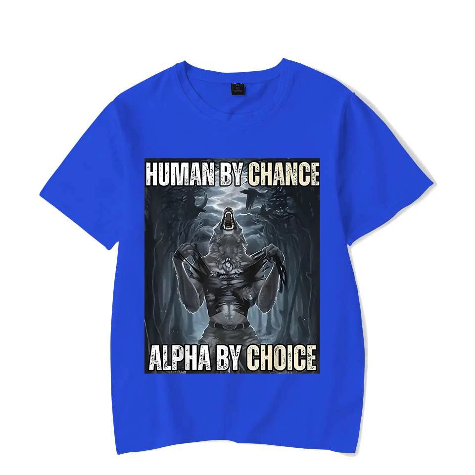 Фото Human by Chance Alpha by Choice Wolf Мужские и женские футболки с забавными мемами Повседневные винтажные футболки для пар большого размера с короткими рукавами №4
