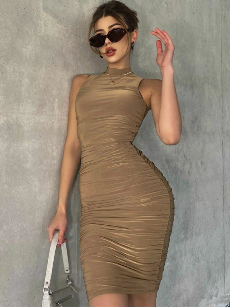 

Women's 2023 New Spring Elegant Style Sexy Round Neck Sleeveless Pleated Slim Fit Dress