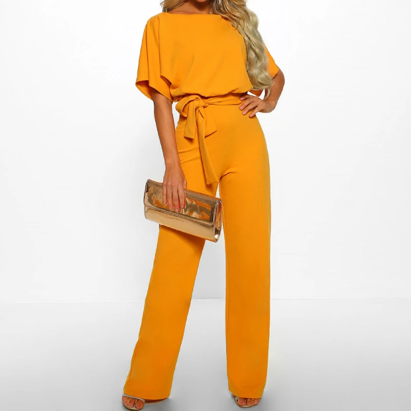 Summer Solid Loose Casual Overalls for Woman Streetwear Women Jumpsuits Elegant With Belt Fashion Short Sleeve Wide Leg Jumpsuit